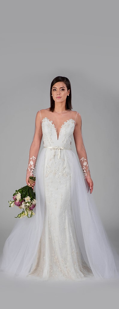 Colette bridal gown design with sheer skirt